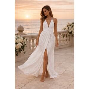 Hello Molly East Atlanta Maxi Dress White Lace Halter Sz 8 Open Back Boho Bridal